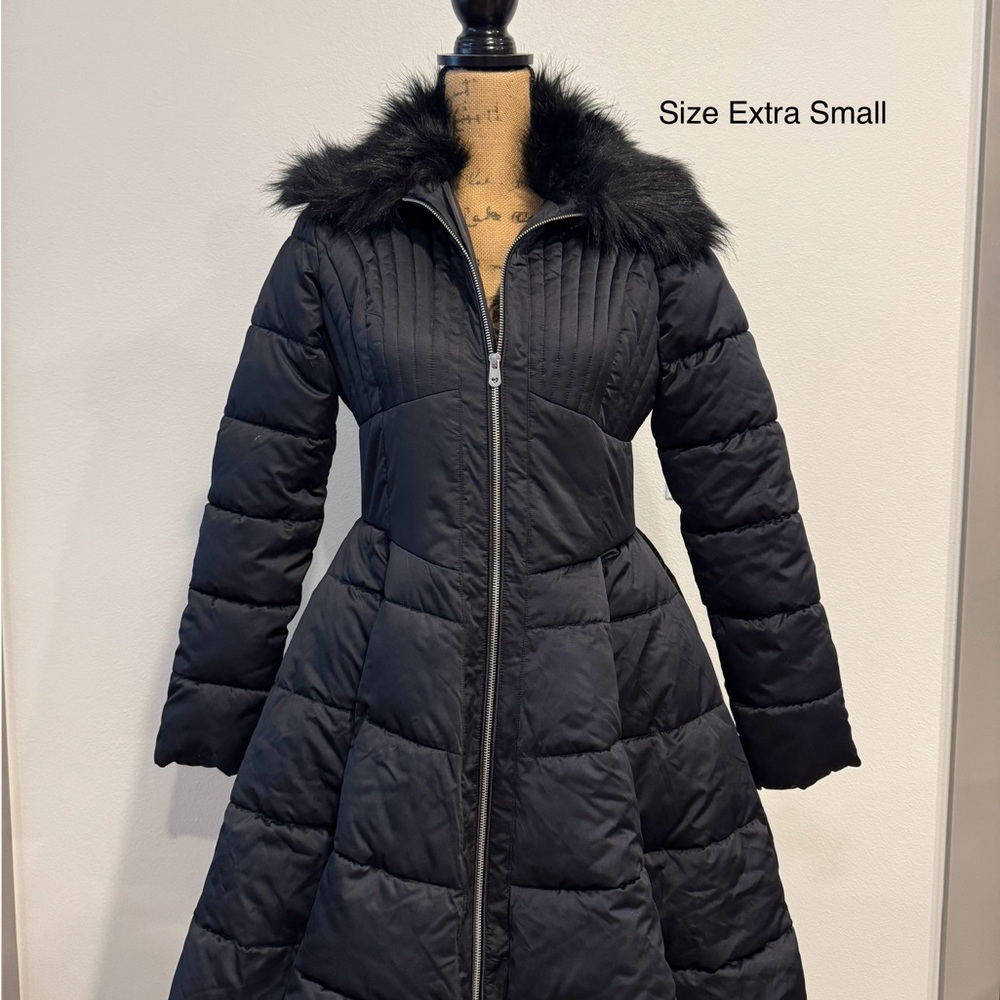 Women's Black Puff Quilted Coat with Faux Fur Trim VENUS